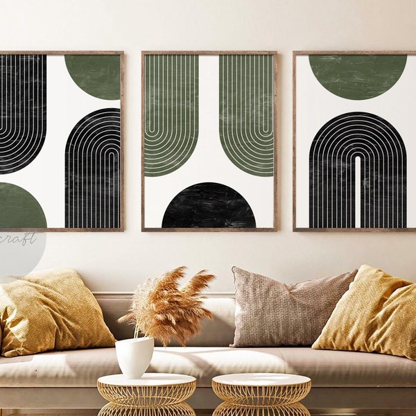 Green and Black Geometric Art Set of 3, Mid century Modern Art Set, Boho Art, Abstract Art Set, Rainbow Print, Boho Wall Decor Print