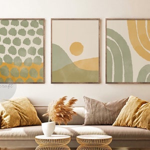 Boho Yellow and Sage Green Print set of 3, Green Mid Century Modern Geometric Print, Digital Abstract Watercolor Wall decor, GalleryWall art
