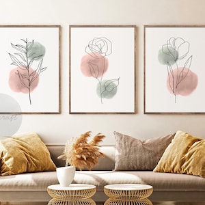 Boho Botanical Print Set of 3, Gallery Wall art, Sage and Blush Printable Art, Black Line Floral Living room Home Decor, boho dorm art