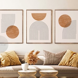 ヴィンテージ　油絵 Mid Century Modern Art Set of 3 Prints, Mustard Yellow Navy