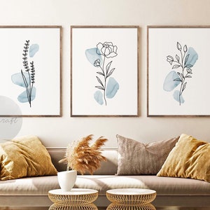 Boho Botanischer Druck 3er Set, Blau Galerie Wandkunst, Pastell Blaue Wildblumen druckbare Kunst, Abstrakte Linie Aquarell Blumen Wohnkultur