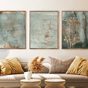 Sage Green Abstract Botanical Art, Modern 3 Piece Painting Gallery Wall Art Set, Watercolor Pastel Green and Gold Digital Wall decor art