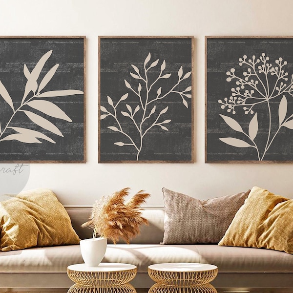 Neutral Botanical Print Set of 3, Minimal Abstract Botanical Prints, Boho Gallery Wall art, Gray Beige Botanical Wall Decor, Floral Art