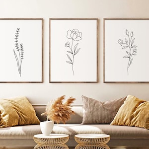 Minimal Line Botanical Print Set of 3, Gallery Wall art, Line Flowers Printable Art, Wild Flowers Art Floral Line Art, Modern Home Decor Art