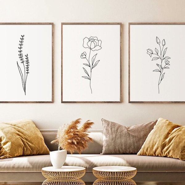Minimal Line Botanical Print Set of 3, Gallery Wall art, Line Flowers Printable Art, Wild Flowers Art Floral Line Art, Modern Home Decor Art