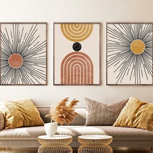 Mid Century Modern Geometric Sun Print Set of 3 Prints, Digital Abstract Sun Print, Geometric Line Wall Art Set, Terracotta Yellow black art