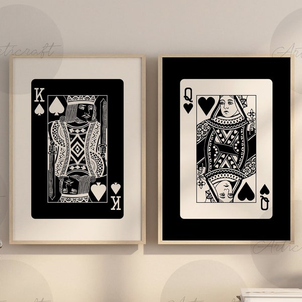 King and Queen Playing Cards Wall Art Set of 2 Prints, Digital Preppy Art, Black Beige Queen Printable Art, Mid Century Trendy Retro Posters