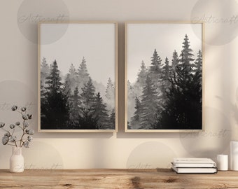 Abstract Mountain Print Set of 2, Watercolor Modern Black White Minimal Abstract Nature Landscape, Mountain Minimalist gallery wall Art Set