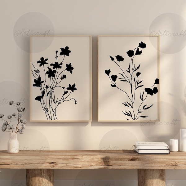 Minimal Botanical Print Set of 2, Gallery Wall art, Farmhouse Floral Printable Art, Wild Flowers Art, Modern Home Decor. Boho Black Beige