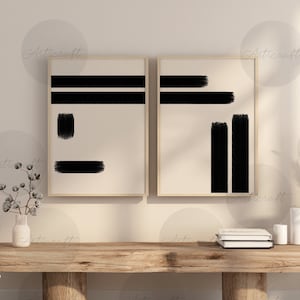 Juego de 2 impresiones de arte lineal abstracto, póster de arte mural con pinceladas digitales, decoración de pared en beige y negro, arte moderno bohemio de mediados de siglo, arte para sala de estar