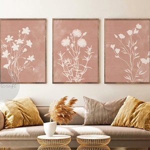 Conjunto de 3 impresiones de arte botánico abstracto en tonos malva y rubor, arte de pared de galería boho, decoración de pared rústica, flores silvestres, arte imprimible minimalista.