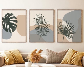 Ensemble d'art botanique abstrait de 3 estampes, art mural de galerie bohème, art imprimable moderne du milieu du siècle, art de feuilles tropicales, Monstera, feuille de palmier