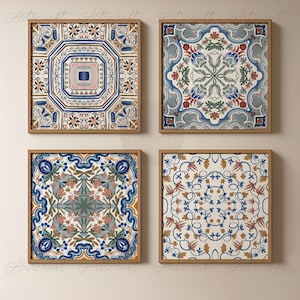 May include: Four square wall art prints in light wooden frames, each featuring a distinct symmetrical tile pattern in shades of blue, red, green, and cream. The designs include geometric shapes, floral motifs, and intricate scrollwork.