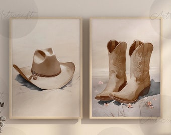 Coastal Cowgirl Print Set of 2, Brown Boots, Cowgirl Flower Hat, Digital Art, Western Printable Art, Southern Girl Trendy Dorm Preppy Poster