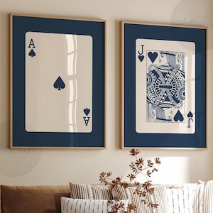 Blaue Jack und Ace Spielkarten Wand Kunst 2er-Set Drucke, digitale Preppy Kunst, navy denim blau druckbare Kunst Mid Century Trendy Retro Plakate