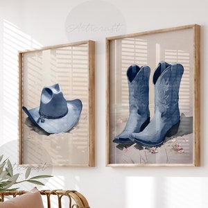 Coastal Cowgirl Print Set of 2, Blue Boots, Cowgirl Flower Hat, Digital Art, Western Printable Art, Southern Girl Trendy Dorm Preppy Poster