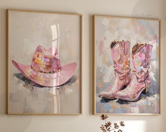 Cowgirl Print Set of 2, Disco Ball Pink Boots, Hat, Retro Preppy Digital Art, Western Printable Art, Trendy Southern Girl Dorm Poster