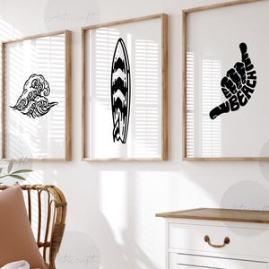 Juego de 3 impresiones de surf, arte mural playero, olas de surf neutras en blanco y negro, shaka, pósteres de tabla de surf, arte minimalista imprimible, decoración digital para el hogar.