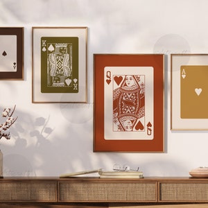 Jeu de 4 cartes à jouer, As, roi et reine, art mural automne en terre cuite, affiches numériques tendance preppy rétro Mid-Century imprimables