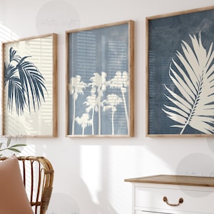 Juego de 3 impresiones de palmeras abstractas, arte tropical imprimible, decoración de pared moderna con hojas de palmera en azul pastel, arte minimalista, arte playero bohemio.