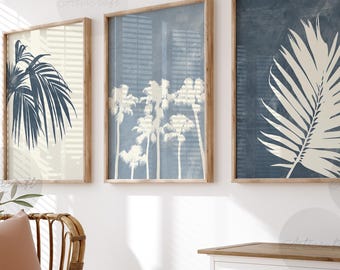 Juego de 3 impresiones de palmeras abstractas, arte tropical imprimible, decoración de pared moderna con hojas de palmera en azul pastel, arte minimalista, arte playero bohemio.