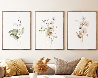 Watercolor Botanical Print Set of 3, Gallery Wall art, Floral Printable Art, Wild Flowers Art Floral Line Art, Modern Home Decor Art