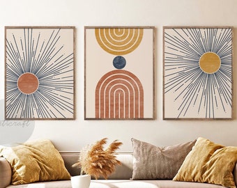 Mid Century Modern Geometric Sun Print Set of 3, Navy Blue, Terracotta & Yellow Digital Abstract Sun Print, Boho Geometric Line Wall Art Set