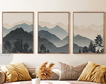 Abstract Mountain Print Set of 3, Minimal Blue Mountain, Abstract Landscape, Mid Century Modern Living Room Wall Decor, Mountain wall Art