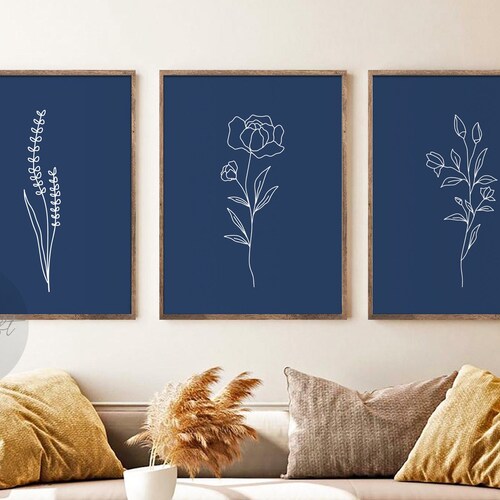 Navy Blue Wall Art Botanical Print Set of 3 Floral Wall Art - Etsy