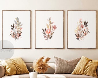 Conjunto de impresión botánica de acuarela de 3, arte imprimible floral de granja de color rosa rubor y oro, arte de galería de decoración de pared moderna abstracta de flores silvestres
