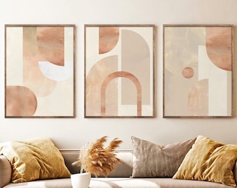 Neutral Abstract Art Set of 3 Prints, Abstract Painting Set,  Printable Art Set, Geometric Print, Abstract Gallery Beige Orange Print Set