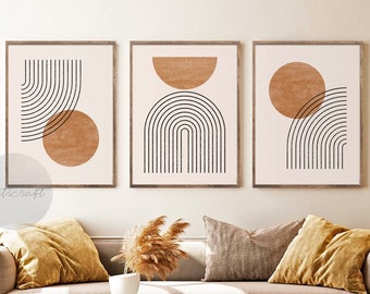 Mid century Modern Geometric Art Set of 3 Prints, Boho Art, Printable Abstract Art, Line Rainbow Prints Terracotta Orange Black Print