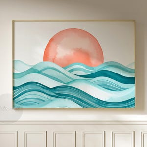 Ocean Sunset Abstract Beach Print, Watercolor blue waves, Sun, Instant Download, Modern Wall Decor, Nautical Minimalist Boho Horizontal Art