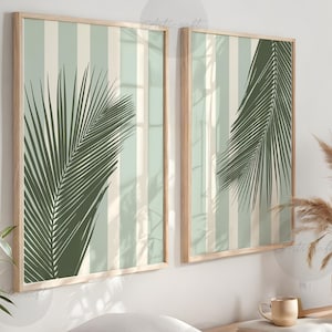 Abstract retro Beach Print Set of 2, palm Leaves Wall Art, Aqua Blue & Green nautical Posters, Minimal Beach Printable Art, Digital Art