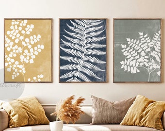 Fern Set of 3, Botanical Gallery Wall art, Boho Navy, Yellow & Sage Farmhouse Printable Art, Minimal Leaves Botanical Art, Modern Home Decor