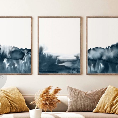 Abstract Wall Art Prints Navy Blue Watercolor Print Set of 3 Etsy