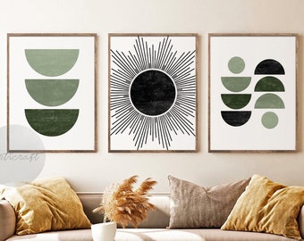 Ensemble de 3 impressions soleil géométrique moderne du milieu du siècle, impression soleil abstrait numérique, ensemble d'art mural lignes géométriques, art noir blanc vert sauge