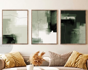 Abstract Green Art, Modern 3 Piece Art, Painting, Gallery Wall Art Set, Brush Strokes Green Minimalist Digital Wall decor art