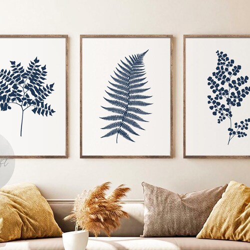 Navy Blue Fern Set of 3 Botanical Gallery Wall Art Boho Navy - Etsy