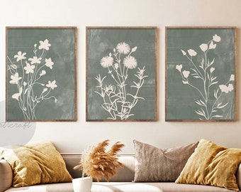 Abstrakte Salbei grüne botanische Kunst 3er-Set Drucke, Boho Galerie Wandkunst, Bauernhaus Wanddekoration, Wildblumen Wandkunst, minimale druckbare Kunst