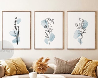 Boho Botanical Print Set of 3, Blue Gallery Wall art, Pastel Blue Wild Flowers Printable Art, Abstract Line Watercolor Floral Home Decor