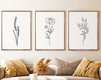 Minimal Line Botanical Print Set of 3, Gallery Wall art, Line Flowers Printable Art, Wild Flowers Art Floral Line Art, Modern Home Decor Art