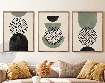 Green Mid Century Modern Geometric Print Set of 3, Boho Green and Black Digital Abstract Wall decor, Boho Wall Art Set, Gallery art