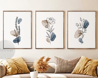 Boho Botanical Print Set of 3, Navy Blue & Brown Gallery Wall art, Wildflowers Printable Art, Abstract Line Watercolor Floral Home Decor Art