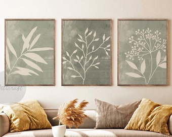 Art botanique abstrait vert, lot de 3 estampes, galerie bohème, décoration murale botanique vert olive, art mural fleur minimaliste sauge, art imprimable