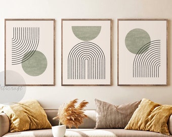Green Mid century Modern Geometric Art Set of 3 Prints, Boho Art, Printable Abstract Art, Line Rainbow Prints, Sage Green Black Print