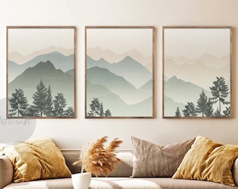 Abstract Mountain Print Set of 3, Minimal Green Mountain, Abstract Landscape, Mid Century Modern Sage Wall Decor, Mountain wall Art