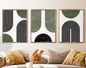 Green and Black Geometric Art Set of 3, Mid century Modern Art Set, Boho Art, Abstract Art Set, Rainbow Print, Boho Wall Decor Print