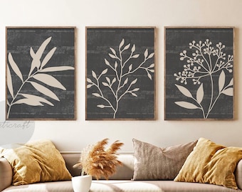 Neutral Botanical Print Set of 3, Minimal Abstract Botanical Prints, Boho Gallery Wall art, Gray Beige Botanical Wall Decor, Floral Art