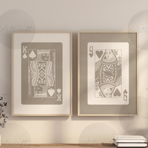 King and Queen Playing Cards Wall Art Set of 2 Prints, Digital Preppy Art, Tan, Beige Queen Printable Art, Mid Century Trendy Retro Posters